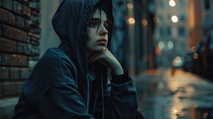Obraz premium Concept of depressed woman wearing hoodie sitting, protect women, women's day AI generated image