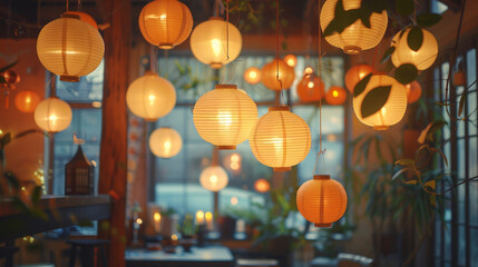 A cluster of paper lanterns suspended from the ceiling, casting a soft, diffused light that bathes the room in a tranquil glow.