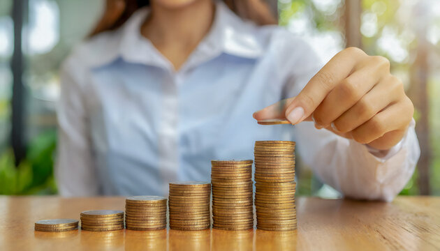 Close-up of business woman's hand inserting coins into pile of coins with investment and savings concept.