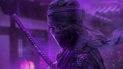 Female purple asian ninja character with mysterious dangerous face mask AI generated image