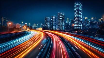 Fototapeta na wymiar Night city transportation scene, illustrating the dynamic flow of traffic and urban life in a modern architectural setting