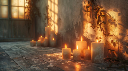 A cluster of scented candles casting flickering shadows against whitewashed walls, creating a serene ambiance.