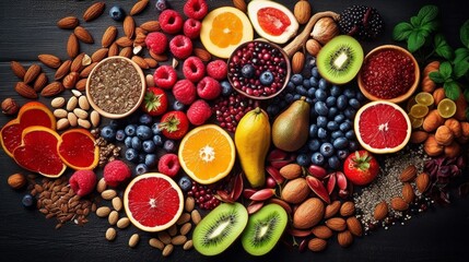 assorted candied berries, dried fruits, nuts and seeds, top view. healthy food background. Superfood - obrazy, fototapety, plakaty