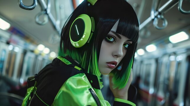 Short green haired girl model in modern cyberpunk style concept AI generated image