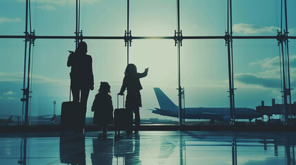 Family Silhouette at Airport during Sunset - obrazy, fototapety, plakaty