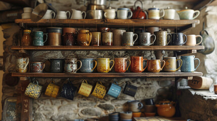 Obraz na płótnie Canvas A collection of ceramic mugs hanging from hooks beneath open shelves, each one imbued with its own unique character and charm.