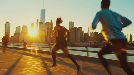 Runners Jogging Along the City Waterfront at Sunrise