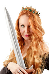 Portrait of a red-haired princess with a sword in her hands. - 750067247