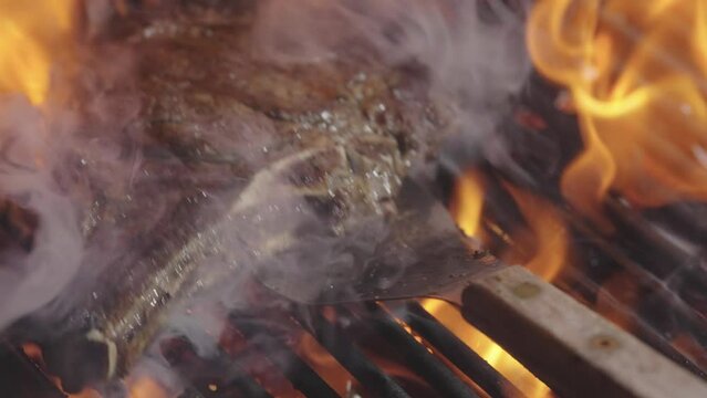 Roast meat with fire flames. Beef steak on grill with flames. Meat steaks cooking on flaming grill. Meat in flame grilled on a barbecue. Steak on the grill. Meat grilled on barbecue with fire flames.