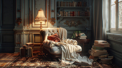A cozy reading corner bathed in soft lamplight, complete with a plush armchair and a stack of beloved novels. - obrazy, fototapety, plakaty