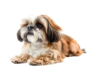 Shih tzu dog sitting in front and looking at the camera, isolated on white