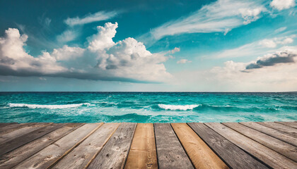 Mock up of empty wooden flooring deck in front and blue summer sky with clouds and sea or ocean. Summer vacation.