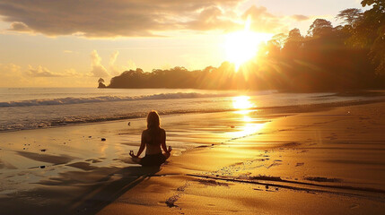 Tranquil Beach Sunrise Meditation - obrazy, fototapety, plakaty