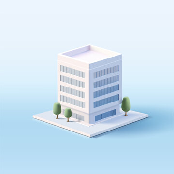 Business center building 3d render illustration with windows and trees, simple icon in white colours