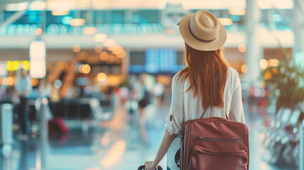 Young Woman Traveler at Airport Terminal - obrazy, fototapety, plakaty