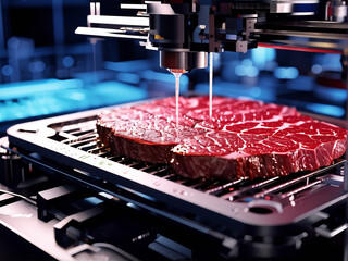 a close-up of a 3D printer creating a steak using tiny edible material filaments, a demonstration of the complex layers combining to create a realistic flesh texture, and technical developments in the
