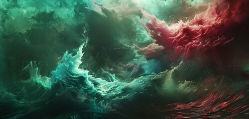 Crimson and emerald waves of paint crashing against a digital canvas, creating a visual symphony