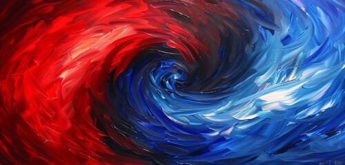 Crimson and indigo paint swirls colliding in a mesmerizing dance of vivid contrasts