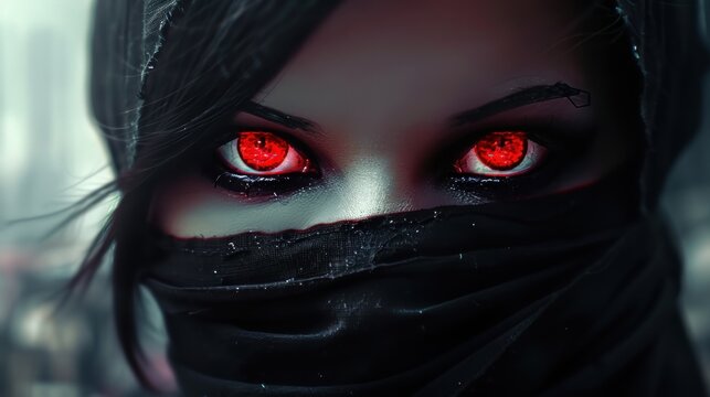 A mysterious and dangerous female ninja with a red-eyed face covering AI generated image