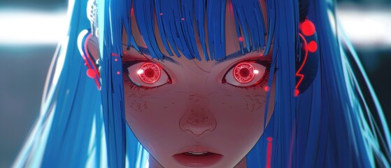 Close up of blue hair anime girl face character with red eyes AI generated image