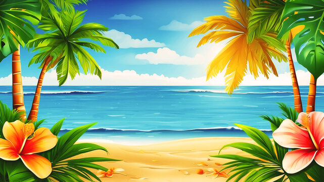 Wonderful Summer season sea-beach holiday background design with flowers palm trees