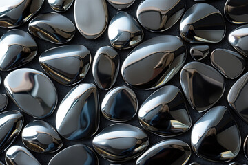 Abstract pattern of chrome stones on dark surface reflecting light