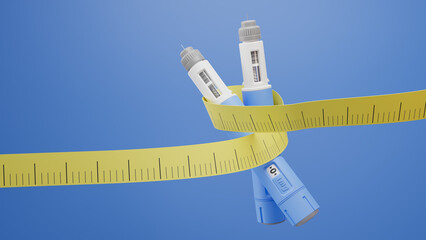 Two injectors / dosing pens  for subcutaneous injection of antidiabetic medication or anti-obesity medication hovering over a blue background. A yellow measuring tape around the injectors.