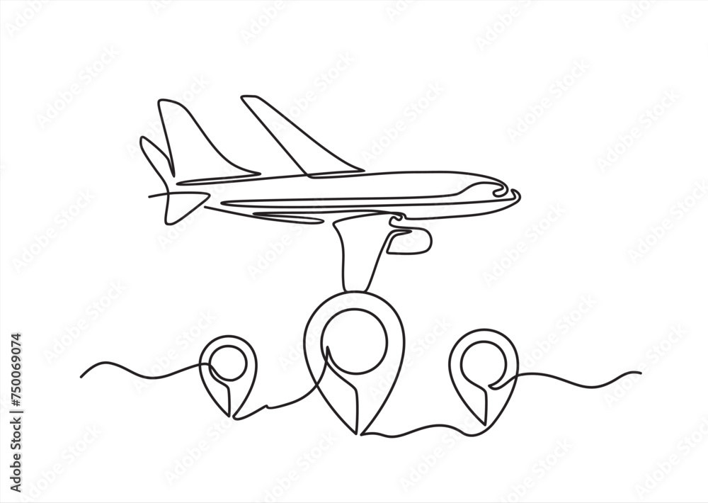 Poster continuous line drawing of airplane line path vector icon of air plane flight route with start point