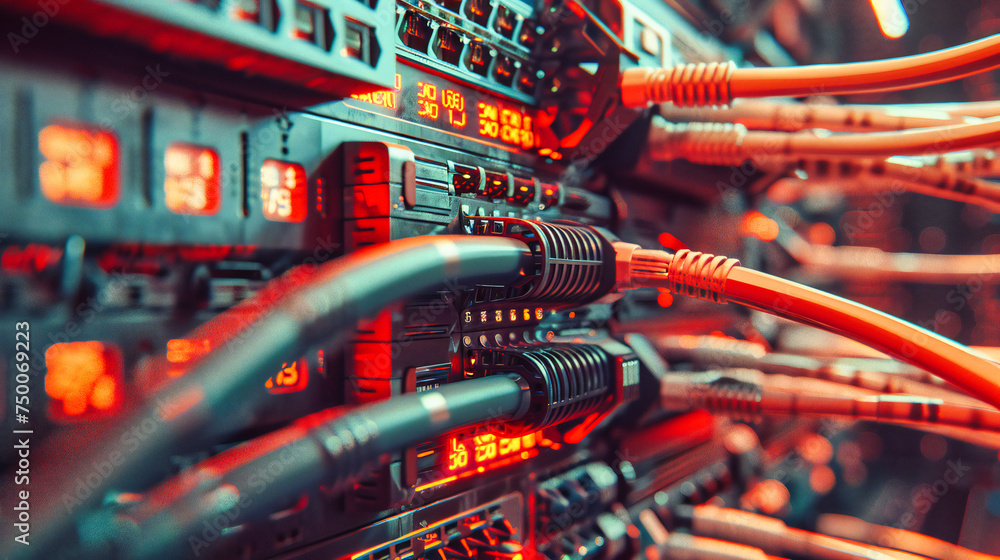 Poster network infrastructure: detailed view of server and networking equipment, powering digital connectiv