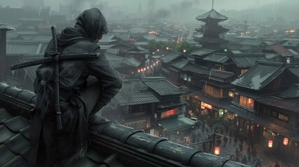 Japanese female ninja character standing on roof tiles spying on enemies below AI generated image - obrazy, fototapety, plakaty
