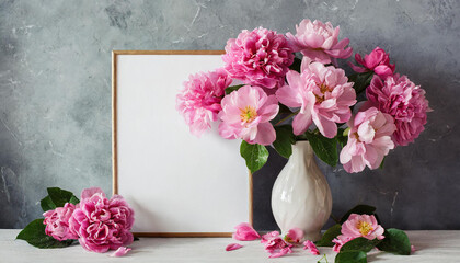 Mock up of blank white poster with wooden frame leaning at gray cement wall. Beautiful peonies
