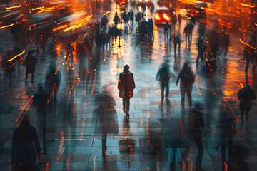 Obraz premium A person lost in the crow, people rushing by, concept of loneliness, depression, or mental health problems