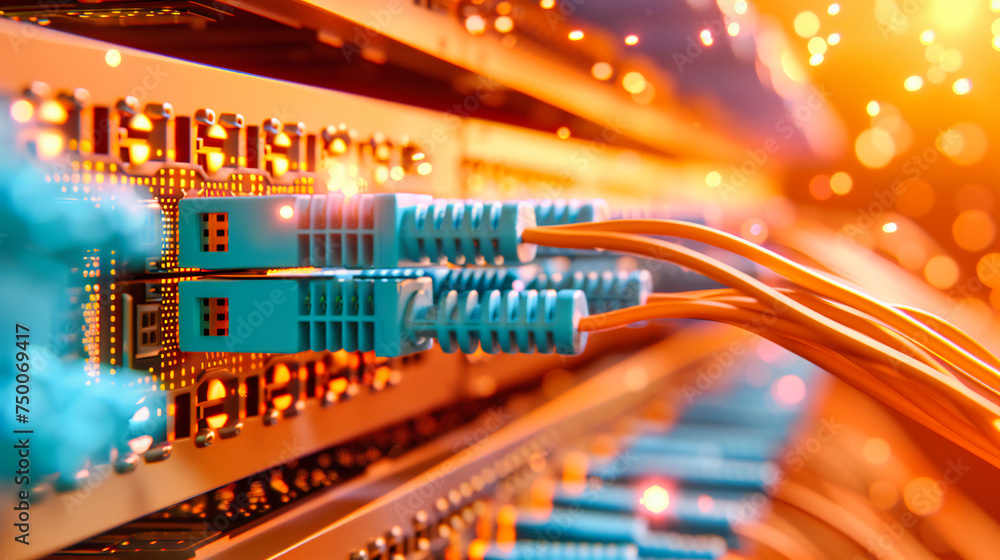 Poster network backbone: close-up view of ethernet cables and networking equipment, powering digital commun