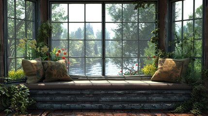 A cozy window seat nestled beneath a row of casement windows, offering panoramic views of the...