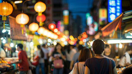 Obraz premium Busy night markets in Taipei, street food and lights creating a vibrant scene