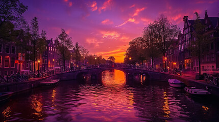 Canals of Amsterdam at twilight, bikes and bridges under a glowing sky - obrazy, fototapety, plakaty