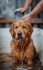 Dog owner washing his lovely friend. Funny golden retriever adult dog sitting in white bathtub in bathroom under shower flows. Lovely pets, comic animals concept image.