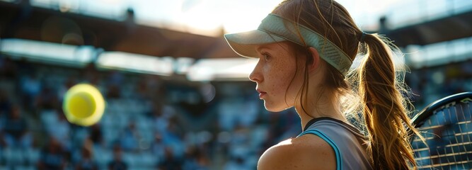 Professional female tennis player in action at the stadium, the afternoon sun highlighting her focus and precision with the racket. - obrazy, fototapety, plakaty