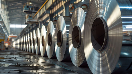Rows of large aluminum rolls lined up in an industrial warehouse with a symmetrical perspective.