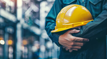 person holding a yellow safety helmet with their left hand, suggestive of a construction worker or engineer at a building site. - obrazy, fototapety, plakaty