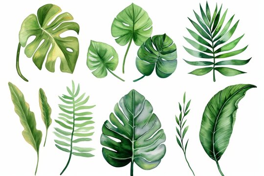 Different tropical large leaves on a white background, plants collection