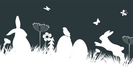 Easter banner background, Easter bunny or rabbit in the green meadow with Easter eggs, concept with butterfly and birds – for stock