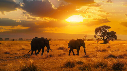 Fototapeta na wymiar Elephants roaming freely in the Serengeti, a majestic African sunset backdrop