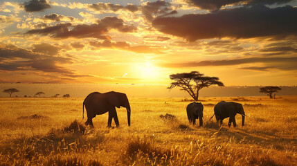 Elephants roaming freely in the Serengeti, a majestic African sunset backdrop