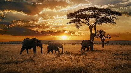 Elephants roaming freely in the Serengeti, a majestic African sunset backdrop