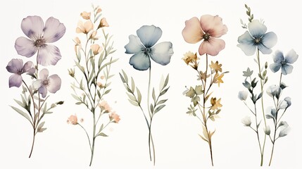 flowers on white background, closeup of wild grass and flowers on white background