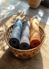 Fototapeta na wymiar three Yoga Mats calm colors Resting in straw basket in Retreat Center terrace during sunny day. Active people and healthy lifestyle concept.