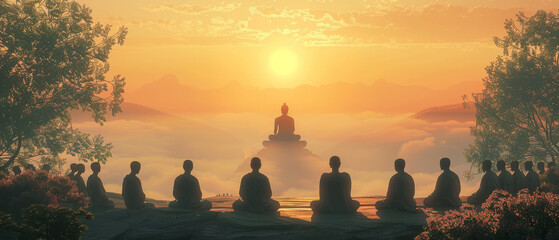 Serene Sunrise Meditation with Buddha Statue and Silhouetted Figures - obrazy, fototapety, plakaty