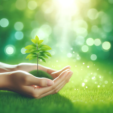 Environment Earth Day In the hands of trees growing seedlings. Bokeh green Background Female hand holding tree on nature field grass Forest conservation concept