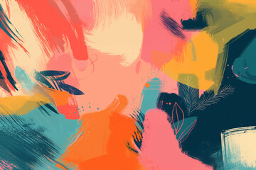 Colorful abstract painting with dynamic brush strokes and tropical leaves